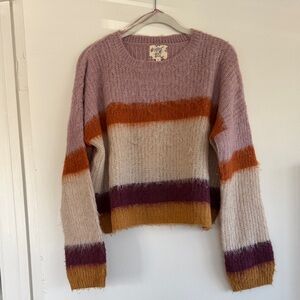 Hippie Rose Lavender Crewneck Sweater with Rust, Cream, Plum & Mustard Stripes
